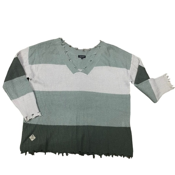 Simply Southern Collection Green Striped Distressed Ribbed Knit Sweater Size XXL - Picture 2 of 6